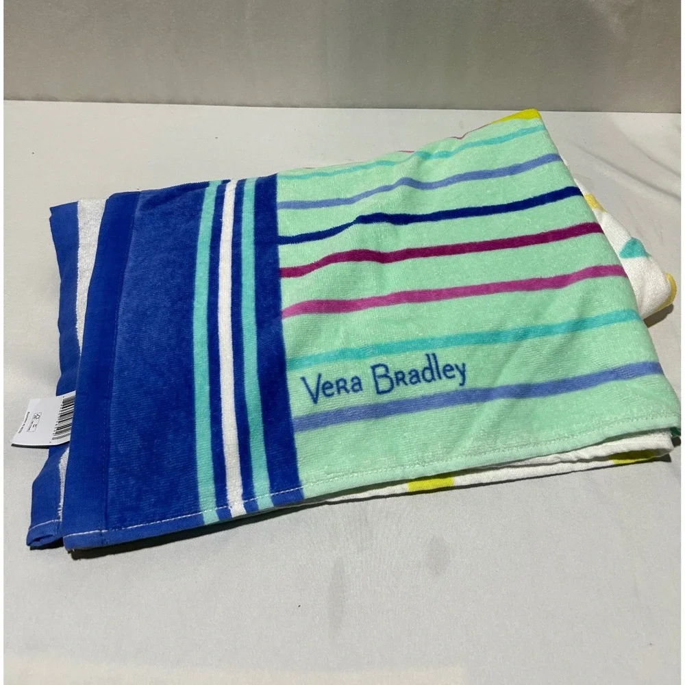 Vera Bradley Beach Towel Floating Blossoms Cotton Blue Green Stripe‎ Lemon NEW